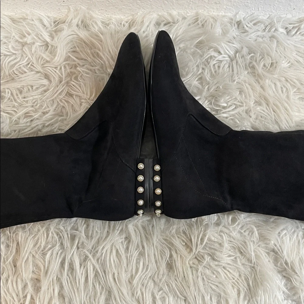 IVANKA TRUMP Black Suede Knee High Boots With Pearls Heel Size 9